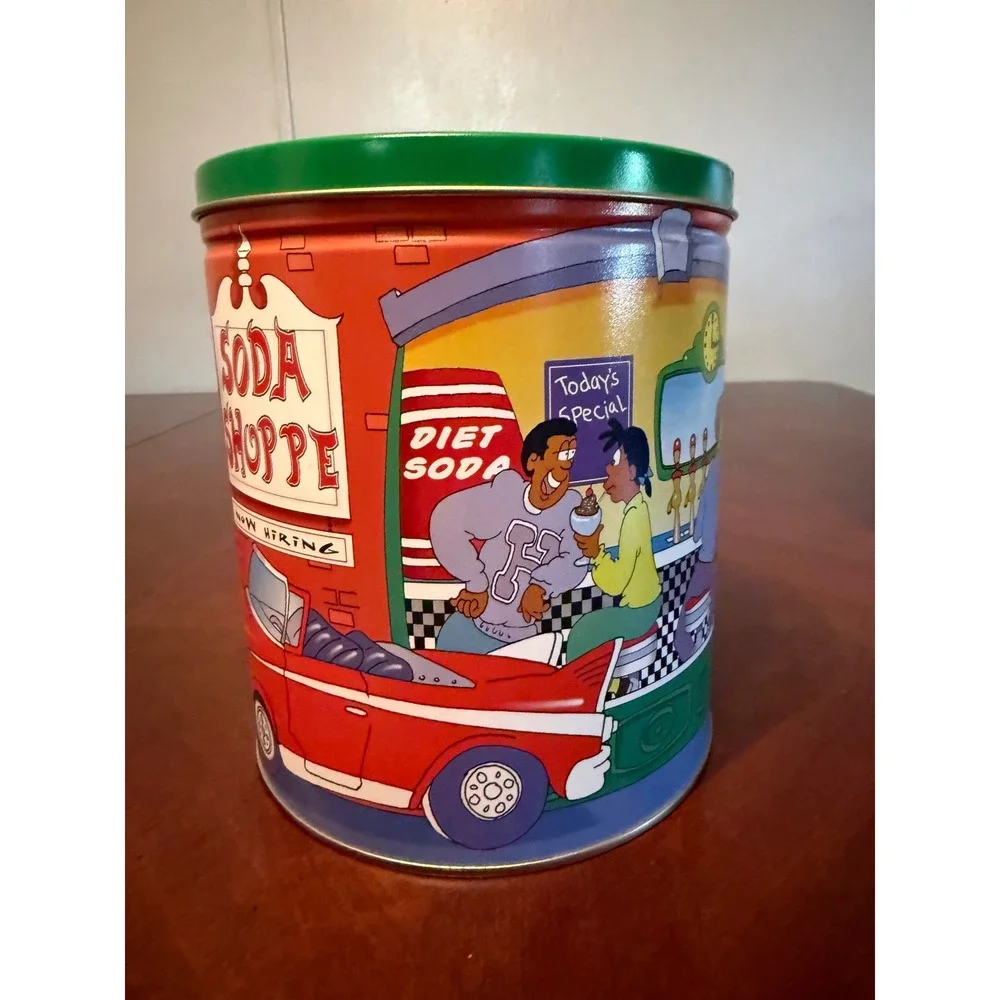 Vintage Soda Shoppe Caramel Corn Popcorn Tin Retro Diner Decor Green Lid Empty